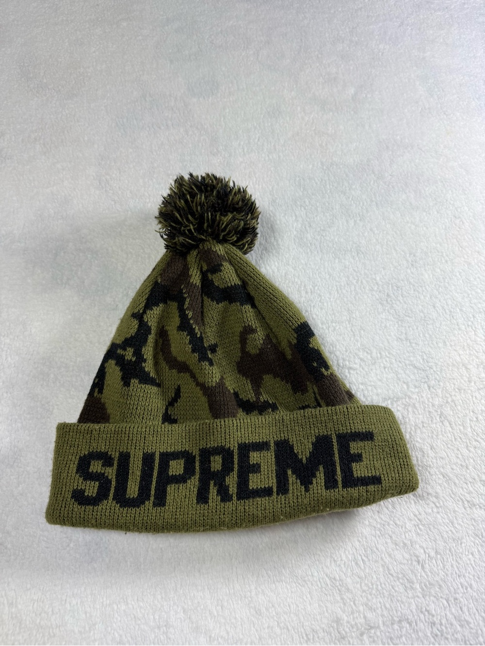 Supreme Olive Camo Pom Beanie with Black Logo